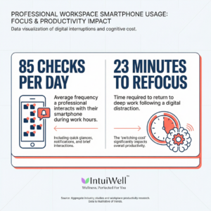 Statistics showing average phone checking frequency and attention recovery time at work