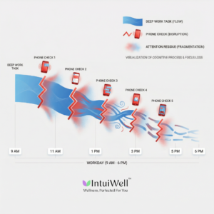 Diagram showing how phone interruptions fragment attention and prevent deep work throughout the day