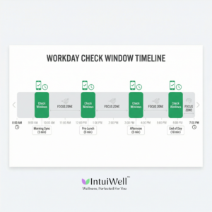 Visual timeline showing four scheduled phone check windows during a typical workday to stop compulsive checking