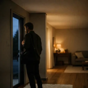 A person pausing at the front door at dusk, bag still on the shoulder. Quiet. Still. Caught between work mode and home mode. Minimalistic. Warm. Reflective.