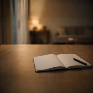 A plain notebook on a table with three short handwritten bullets. Clean. Real. Unglamorous. A practical reset tool in action. Minimalistic. Calm.