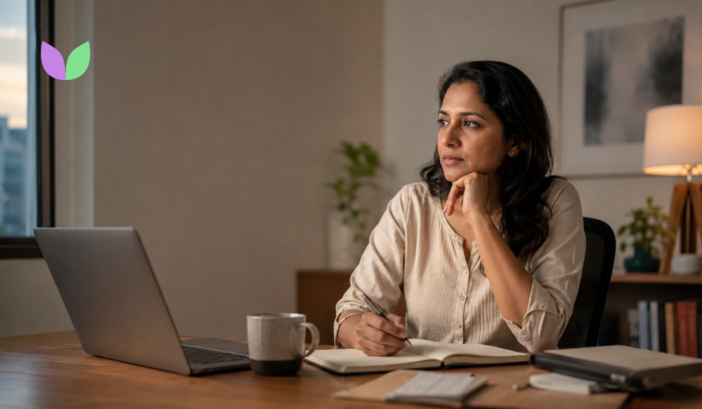 A woman sitting at a desk in the evening, writing in a notebook and looking thoughtfully out the window.