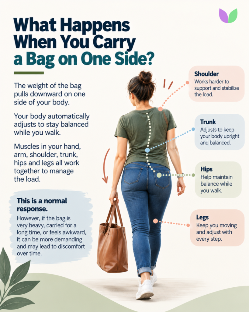 Illustration showing how the shoulders, trunk, hips and legs respond when carrying a bag on one side
