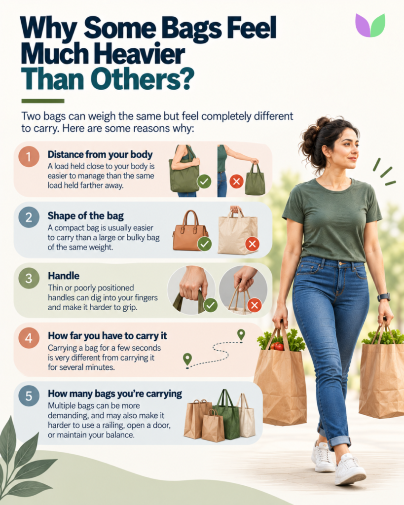 Infographic explaining how load distance, bag shape, handles, duration and number of bags affect carrying effort