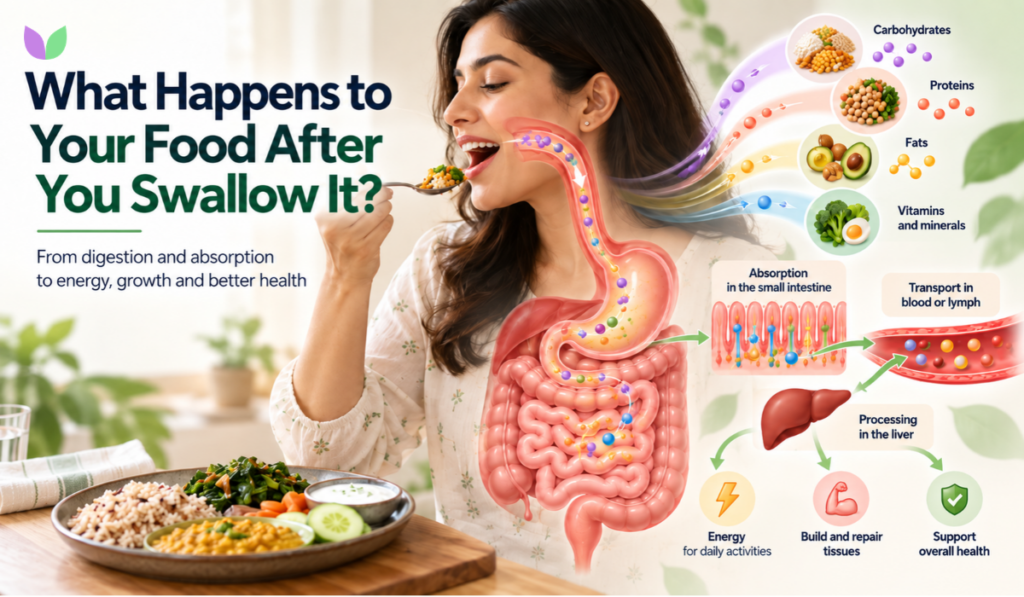 Illustration showing what happens to food after eating, from digestion and nutrient absorption to transport and use in the body